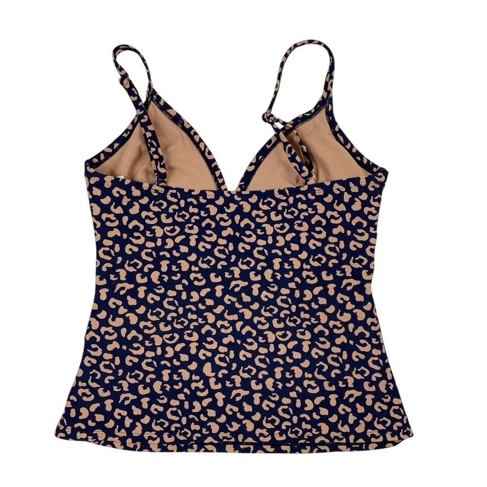 Kona Sol Navy Tan Leopard Print Tankini Swim Top V-Neck Adjustable Straps Small‎